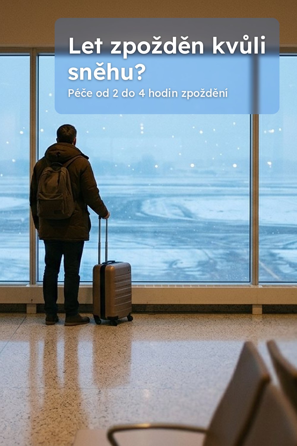 Cestující s malým kufrem stojí v tiché odbavovací hale a hledí oknem na zasněženou dráhu, zpoždění letu kvůli sněhu