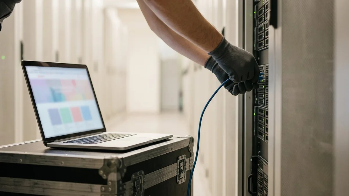 Ruce zapojují modrý síťový kabel do serveru v datovém centru, vedle notebooku s rozmazaným webem – wordpress hosting